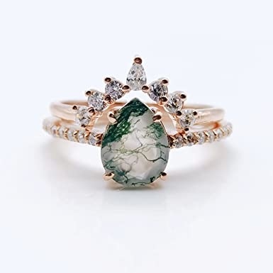 단단한 장미 금 1.25 ct 자연적 영감을 받는 잎 모스 아게이트 보석 집단 에메랄드 아쿠아틱