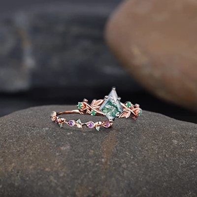 단단한 장미 금 1.25 ct 자연적 영감을 받는 잎 모스 아게이트 보석 집단 에메랄드 아쿠아틱