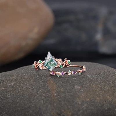 단단한 장미 금 1.25 ct 자연적 영감을 받는 잎 모스 아게이트 보석 집단 에메랄드 아쿠아틱