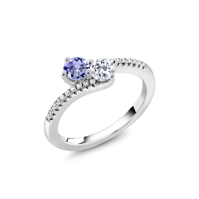 보석 왕 0.87 Ct 라운드 푸른 탄자나이트 화이트 토파즈 925 스터링 실버 우회 벨소리