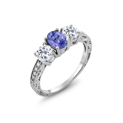 0.75 ct 라운드 자주빛 탄자나이트와 다이아몬드 클러스터 반지 14K 화이트 골드