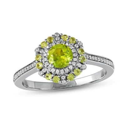 은메달에서 녹색 투명 감람석 &amp; 다이아몬드 반지 1/6 ct tw 10K 화이트 골드