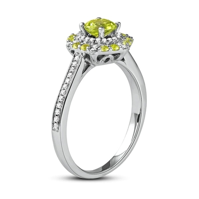 은메달에서 녹색 투명 감람석 &amp; 다이아몬드 반지 1/6 ct tw 10K 화이트 골드