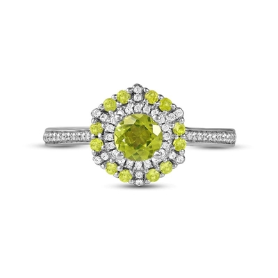 은메달에서 녹색 투명 감람석 &amp; 다이아몬드 반지 1/6 ct tw 10K 화이트 골드