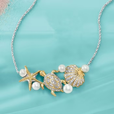 4-5.5mm 양식 진주와.14 ct. t.w. 스터링 실버와 18개 킬로톤 금에서 다이아몬드 바다 생명 목걸이는 순수한 세부 사항을 뛰어넘습니다