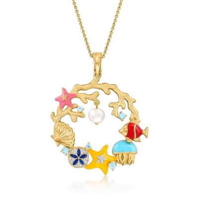 4-5.5mm 양식 진주와.14 ct. t.w. 스터링 실버와 18개 킬로톤 금에서 다이아몬드 바다 생명 목걸이는 순수한 세부 사항을 뛰어넘습니다