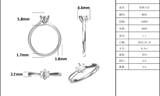 은메달 여자 반지와 0.5 ct  형태 6각형의  실험실 다이아몬드 보석