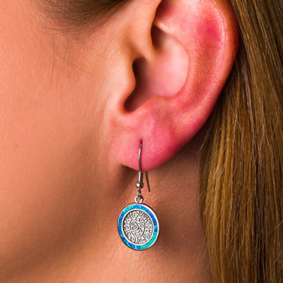 925  With Sterling Silver Greek  Key  Blue   굴곡 오팔  파이스토스 디스크 매달린 것  여성 귀고리
