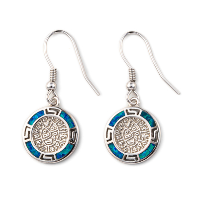 925  With Sterling Silver Greek  Key  Blue   굴곡 오팔  파이스토스 디스크 매달린 것  여성 귀고리