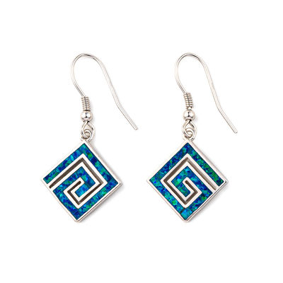 925  With Sterling Silver Greek  Key  Blue   굴곡 오팔  파이스토스 디스크 매달린 것  여성 귀고리