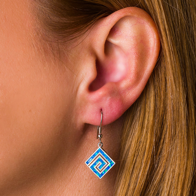 925  With Sterling Silver Greek  Key  Blue   굴곡 오팔  파이스토스 디스크 매달린 것  여성 귀고리