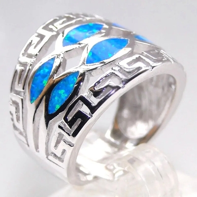 남자들을 위한 Blue Opal 그릭 키 디자인 허리에 두르는 식의 스커트 단단한 925개 스터링 실버 반지 Blue Opal 보석