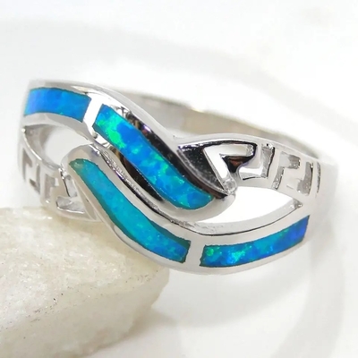 925개의 스터링 실버 그리스어 디자인 보석, Blue Opal 미안드로스 약혼 결혼 반지