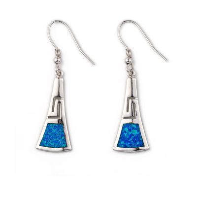 925개의 스터링 실버 굴곡 근대적 디자인 복고 Blue Opal 그릭 키 매달린 것 귀걸이 품질 보석