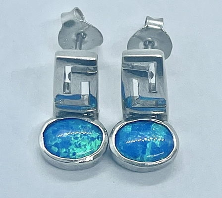 925개의 스터링 실버 굴곡 근대적 디자인 복고 Blue Opal 그릭 키 매달린 것 귀걸이 품질 보석