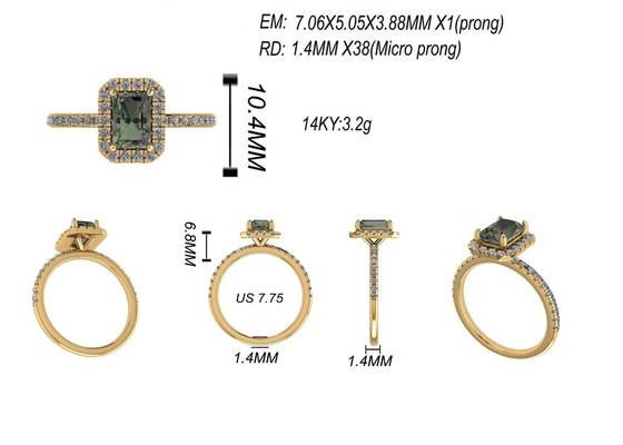 OV6X8mm 14K 순금 보석, 장방형 1.3 캐럿 다이아몬드 약혼 반지