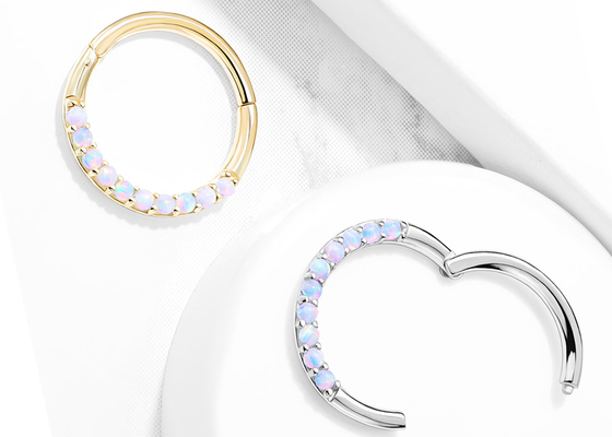 화이트 오팔이 있는 힌지 14k 골드 리모콘 후프 1.2mm×10mm 피어싱