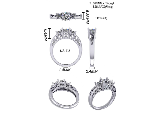 0.8ct 14k 순금 보석, 갈래 조정 RD5.85mm 다이아몬드 3개의 돌 반지