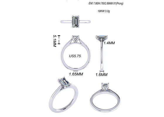 1.05 Ct 14K 순금 보석, 에메랄드 컷 다이아몬드 약혼 반지 EM7.86×2.89MM