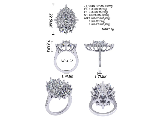 1.5 ct 49 PC 고전적 원광 다이아몬드 약혼 반지 화이트 골드 유색인 도금된 ODM
