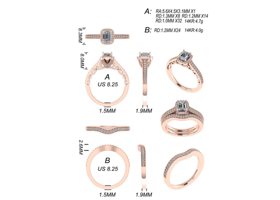 0.8ct 14K 순금 주얼리, 로즈골드 약혼반지 RA5.6×4.5MM 세트