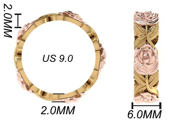 14K 세 배 색깔 꽃과 잎 약혼 반지 간격 2mm 폭 6mm