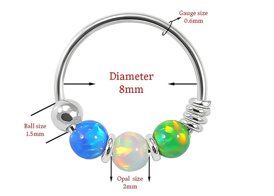 꿰뚫는 Dia 8mm 후프 코, 3개의 조각 단백석을 가진 화이트 골드 코 링 ODM