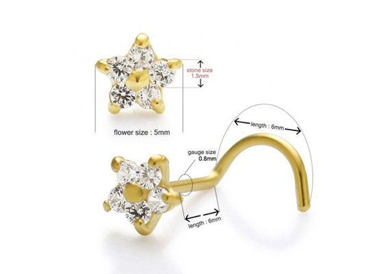 1.5mm 0.07ct 4개 조각 진짜 다이아몬드를 가진 꽃 모양 18k 금 다이아몬드 코 장식 못