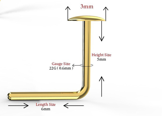 여자 6mm + 5mm 길이를 위한 L 모양 18K 금 코 피어싱 단추 작풍