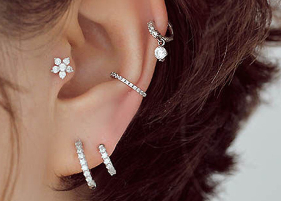 0.1ct 다이아몬드 Tragus 피어싱 링, 화이트 골드 코 링 내부 Dia 8-15mm